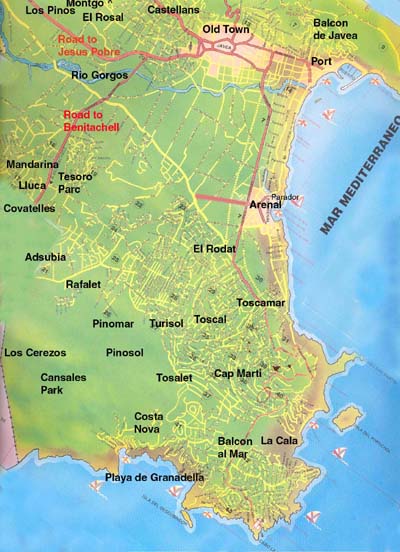 Map of Javea showing villa areas - Tosalet, Rafalet, Montgo, Lluca, Toscamar, Pinosol, Tesoro Parc, Costa Nova, Arenal, Parador